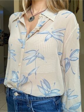 Vintage silk sheer cream & light blue button down long sleeve top